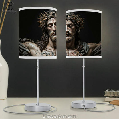 Jesus Christ With Crown Thorns Table Lamp Pictures - Faith Art - Christian Table Lamp For Bedroom Decor