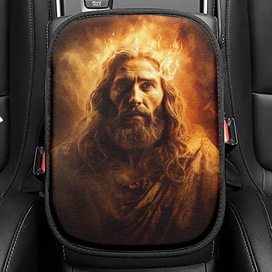 Jesus Christ With Fire Seat Box Cover, Jesus Car Center Console Cover, Christian Car Interior Accessories