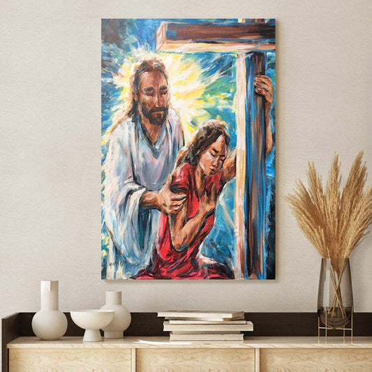 Jesus Christ With Girl At Cross Original Painting On Canvas - Jesus Canvas Pictures - Christian Wall Art