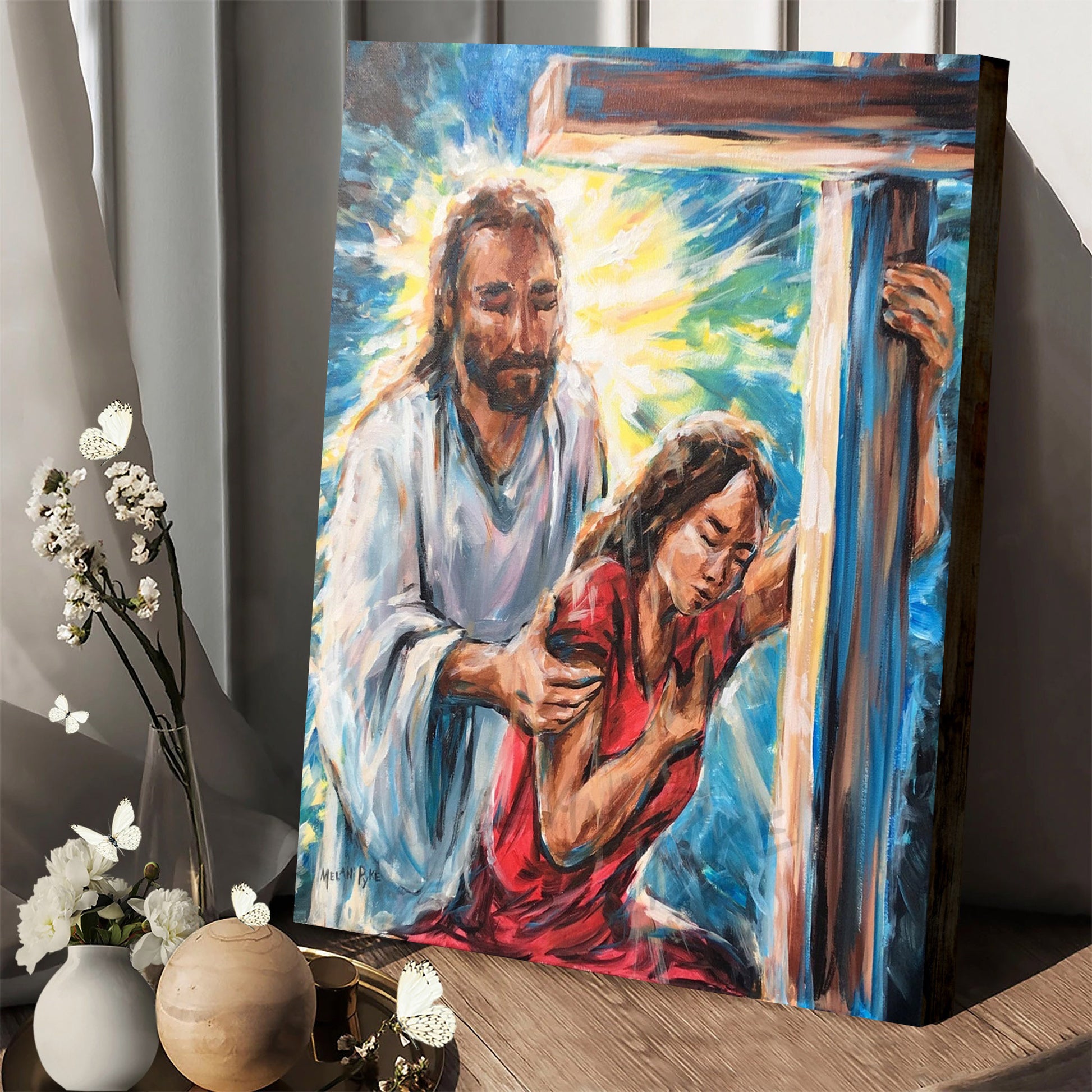 Jesus Christ With Girl At Cross Original Painting On Canvas - Jesus Canvas Pictures - Christian Wall Art