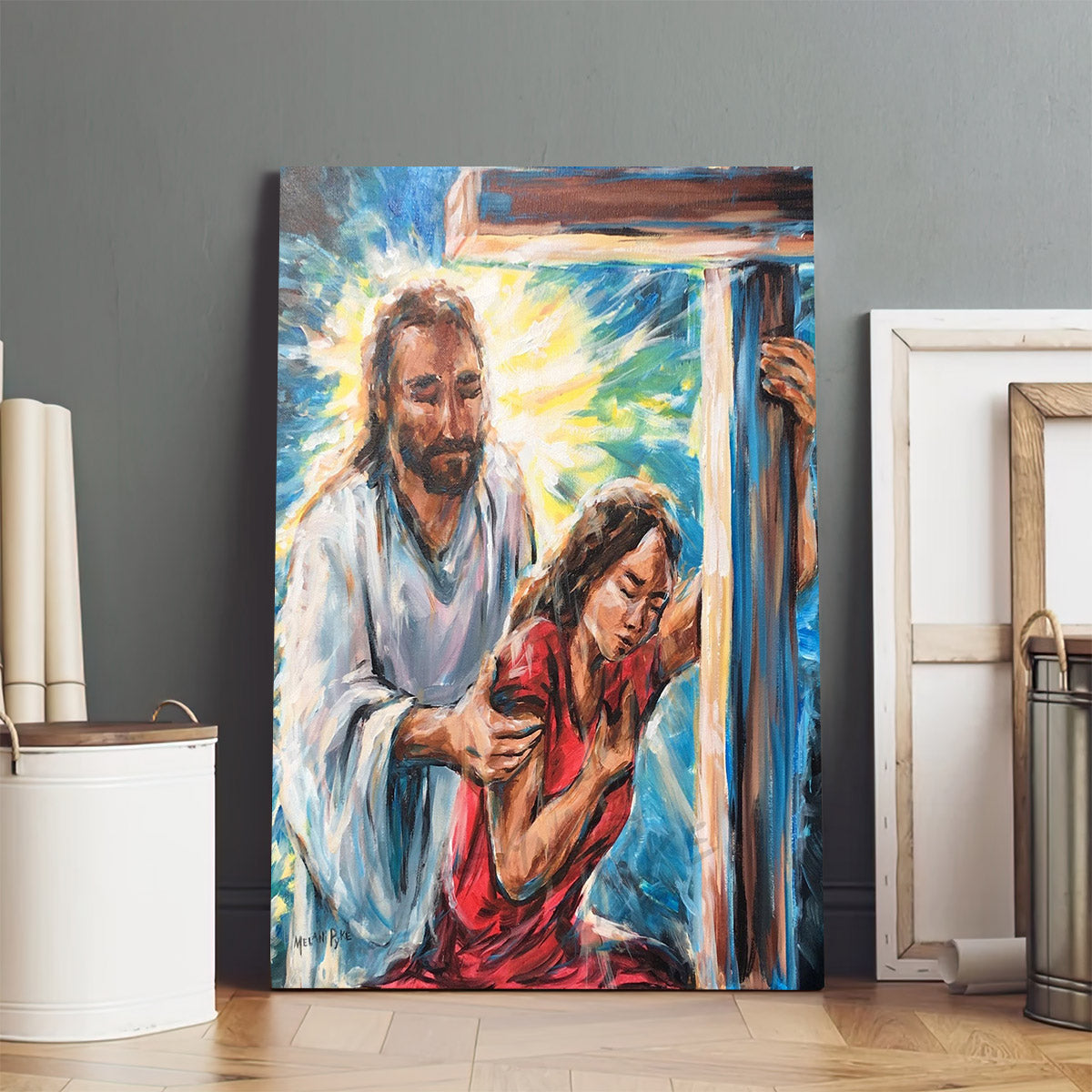 Jesus Christ With Girl At Cross Original Painting On Canvas - Jesus Canvas Pictures - Christian Wall Art