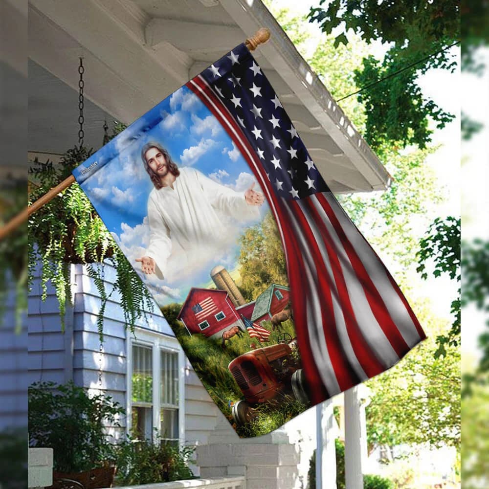 Jesus Christian Farm House American US Flag - Outdoor Christian House Flag - Christian Garden Flags