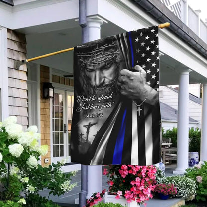 Jesus Christian Thin Blue Line House Flags - Christian Garden Flags - Outdoor Christian Flag