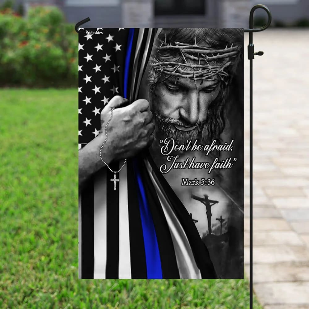 Jesus Christian Thin Blue Line House Flags - Christian Garden Flags - Outdoor Christian Flag