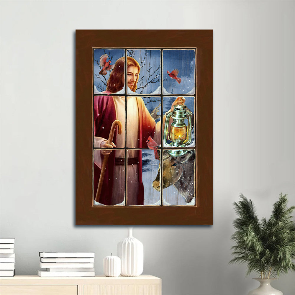 Jesus Christmas Night Stunning Lantern Brown Cow Canvas Wall Art - Christian Gift