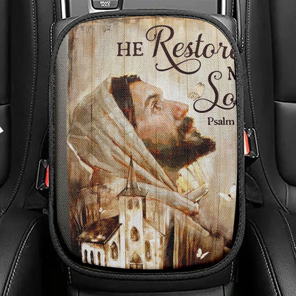 Jesus Church He Restores My Soul Car Center Console Cover, Christian Armrest Seat Cover, Bible Seat Box Cover