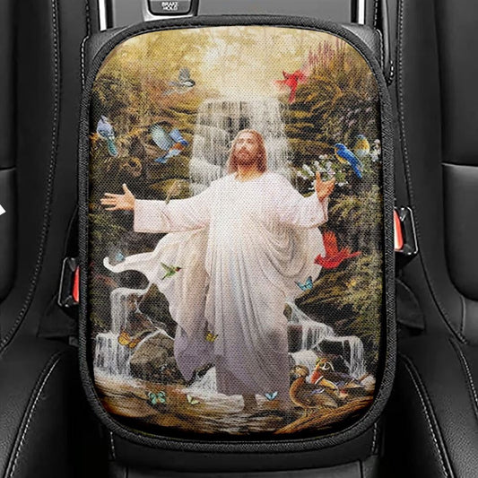Jesus, Colorful Birds, Forest Stream, Scenery Painting Car Center Console Cover, Christian Armrest Seat Cover, Bible Seat Box Cover