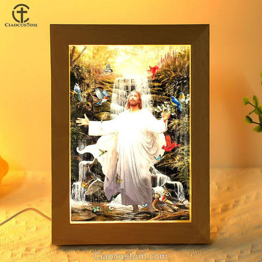 Jesus, Colorful Birds, Forest Stream, Scenery Painting Frame Lamp