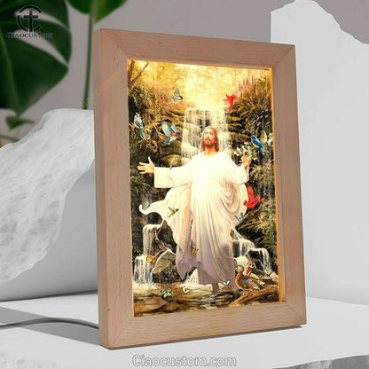 Jesus, Colorful Birds, Forest Stream, Scenery Painting Frame Lamp