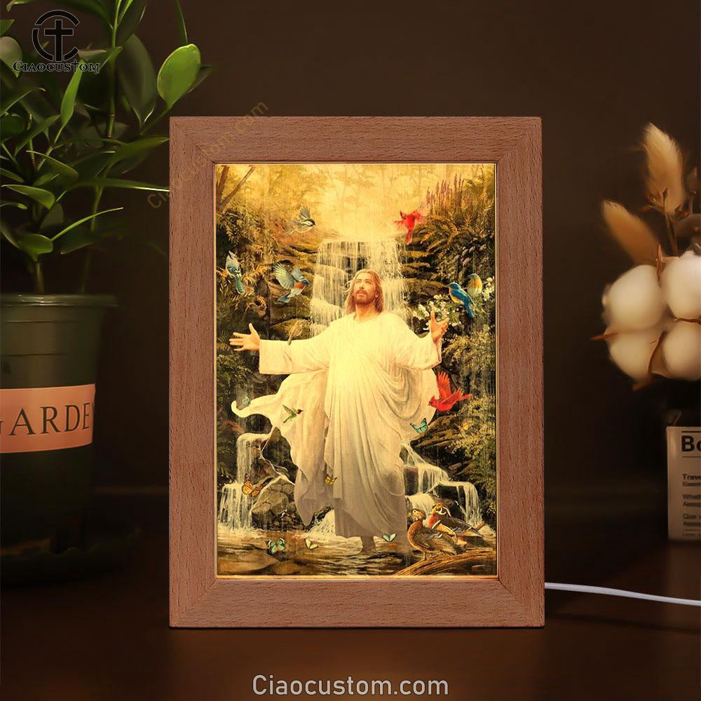 Jesus, Colorful Birds, Forest Stream, Scenery Painting Frame Lamp