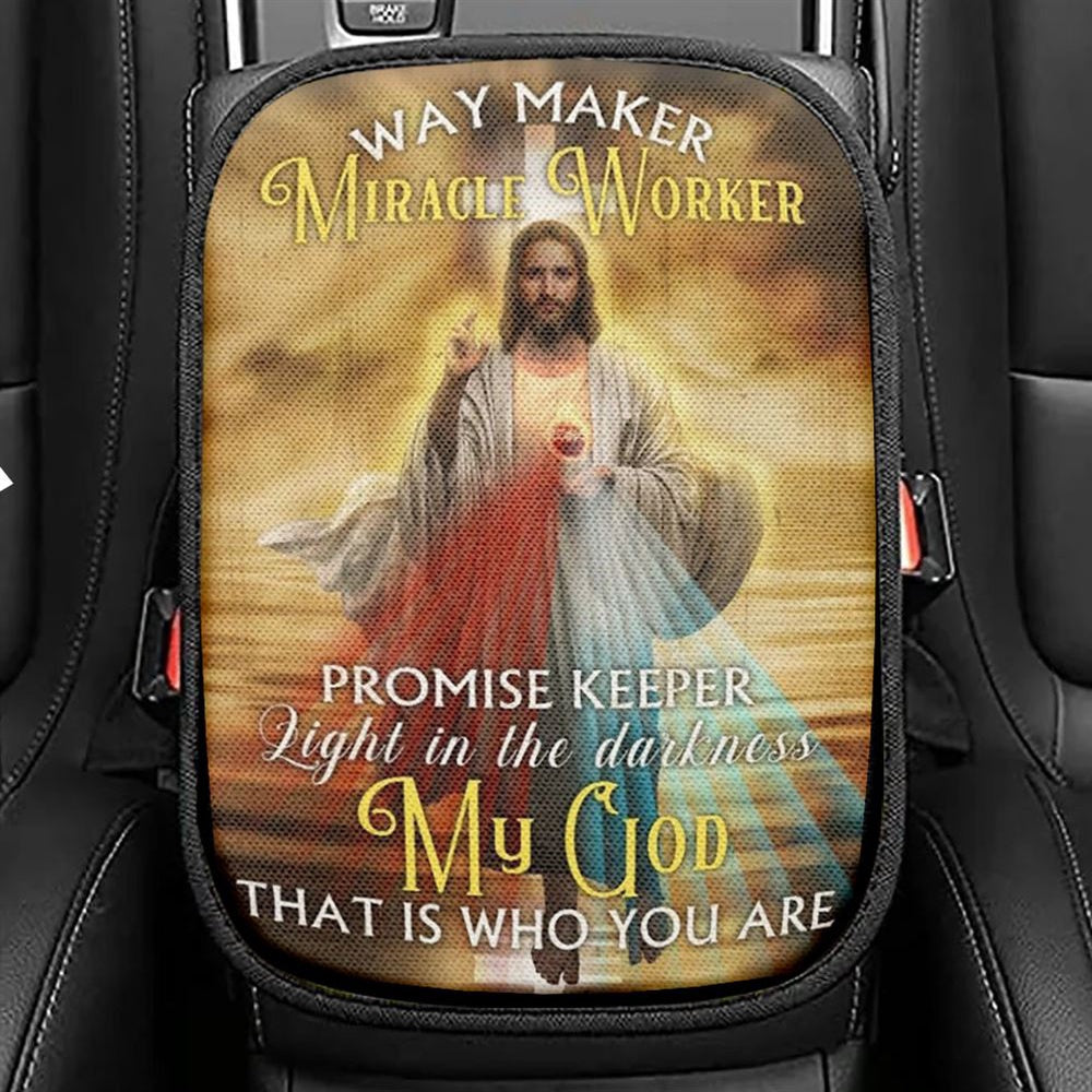 Jesus Colorful Halo Sunset Way Maker Miracle Worker Car Center Console Cover, Christian Armrest Seat Cover, Bible Seat Box Cover