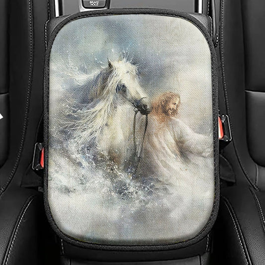Jesus Comes With A White Horse Seat Box Cover, Jesus Portrait Car Center Console Cover, Christian Car Interior Accessories