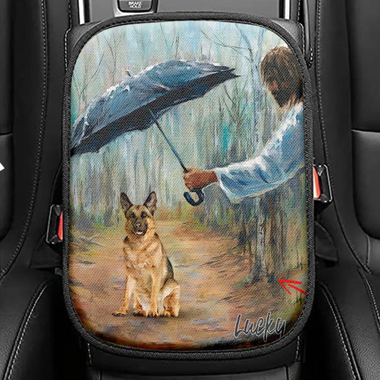 Jesus Covers Umbrella The Dog Custom Seat Box Cover, Personalized Pet Memorial Car Center Console Cover, Pet Memorial Gifts