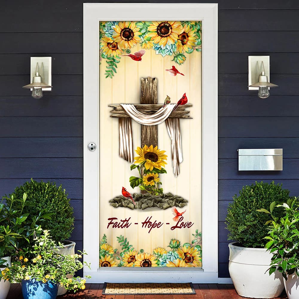 Jesus Cross. Faith - Hope - Love Door Cover - Religious Door Decorations - Christian Home Decor