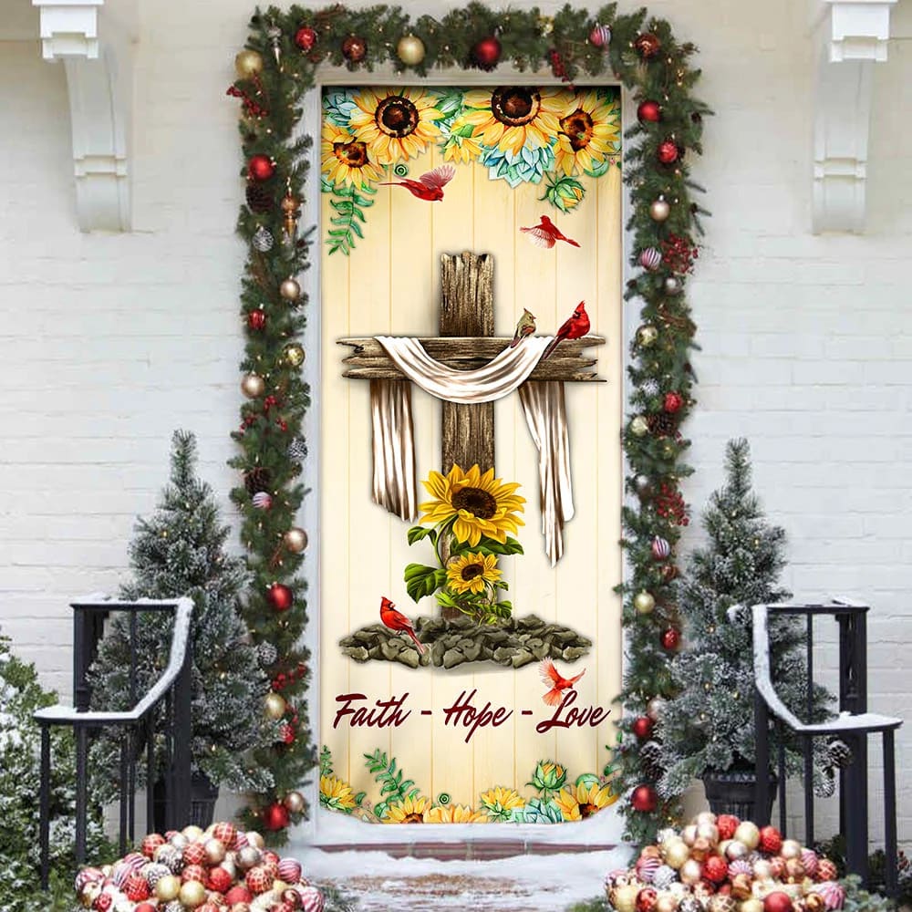 Jesus Cross. Faith - Hope - Love Door Cover - Religious Door Decorations - Christian Home Decor