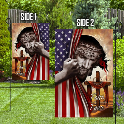 Jesus Cross Christian Faith Over Fear House Flags - Christian Garden Flags - Outdoor Christian Flag