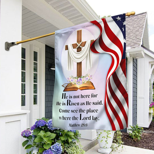 Jesus Cross Easter Day American Flag He Is Not Here He Is Risen - Easter House Flags - Christian Outdoor Easter Flags