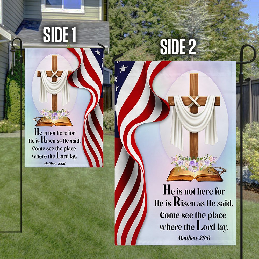 Jesus Cross Easter Day American Flag He Is Not Here He Is Risen - Easter House Flags - Christian Outdoor Easter Flags