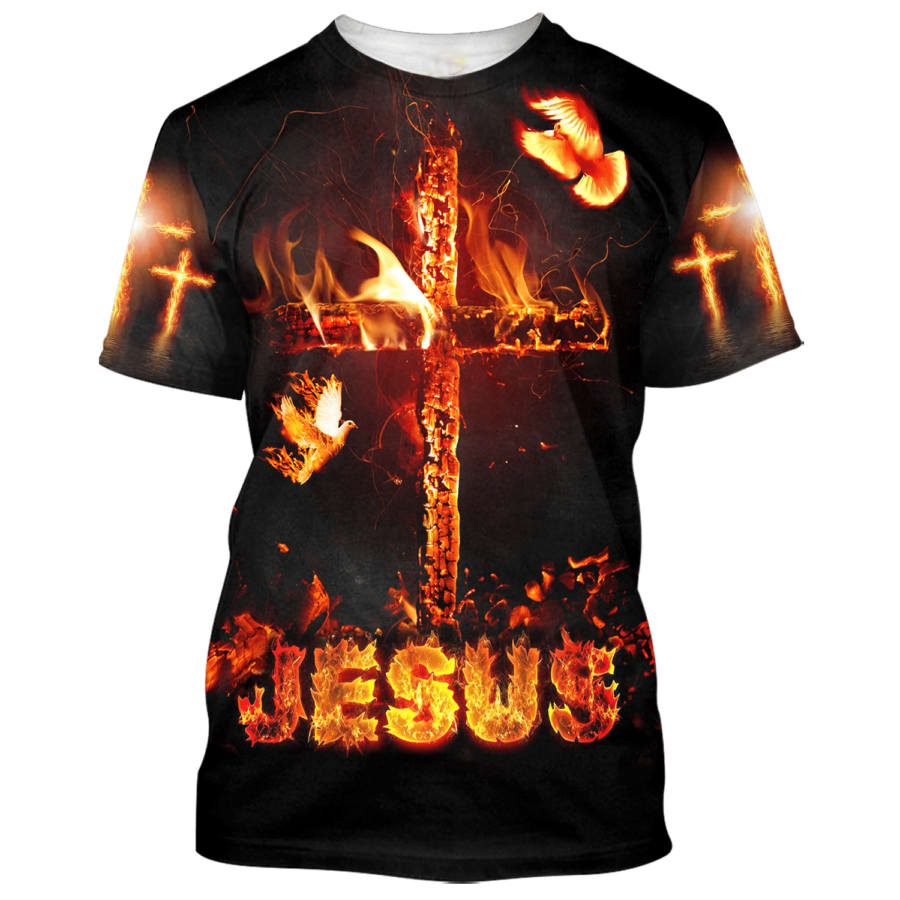 Jesus Cross Fire 3d Shirts - Christian T Shirts For Men And Women
