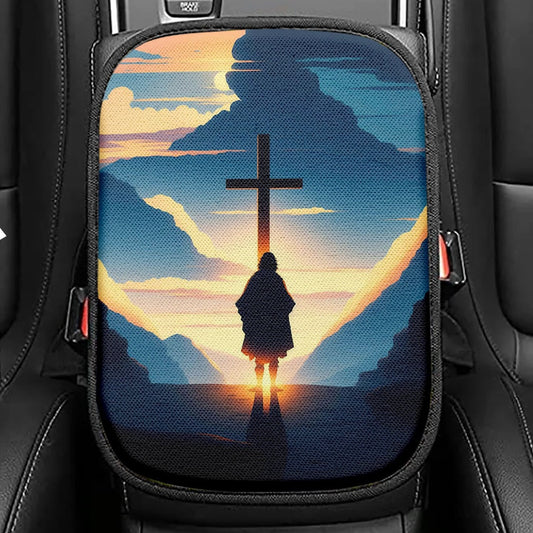 Jesus Cross Front Mountain With Sun Shining It Seat Box Cover, Religious Car Center Console Cover, Christian Car Interior Accessories