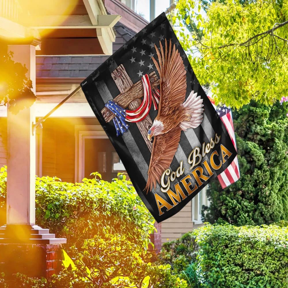 Jesus Cross Jesus And Eagle God Bless America House Flags - Christian Garden Flags - Outdoor Christian Flag