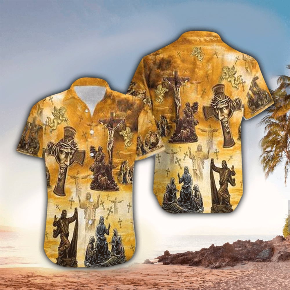 Jesus Cross Statue Yellow Hawaiian Shirt - Christian Hawaiian Shirt for Men Women