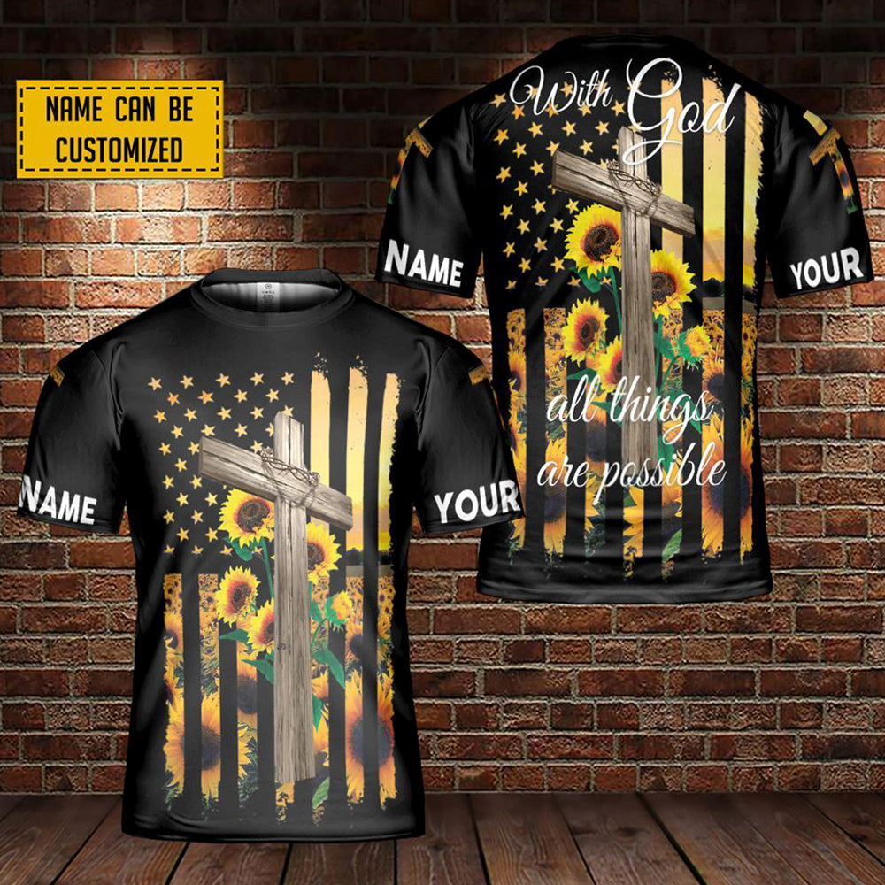 Jesus Cross Sunflower America Custom Name 3D Printed T Shirts