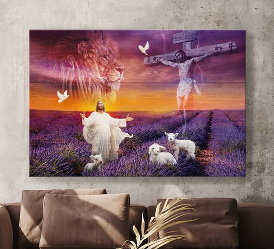 Jesus Cross The Lion Of Judah The Lamb Of God Lavender Field Canvas Wall Art - Jesus Canvas Pictures - Christian Wall Posters