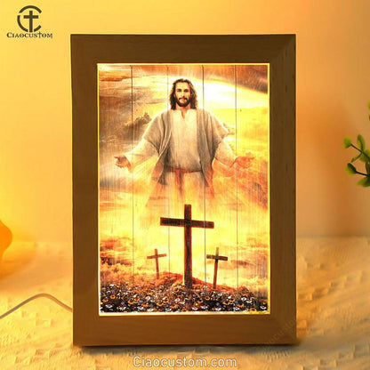 Jesus Cross, Three Wooden Crosses, Daisy Field, Heaven Sky Frame Lamp