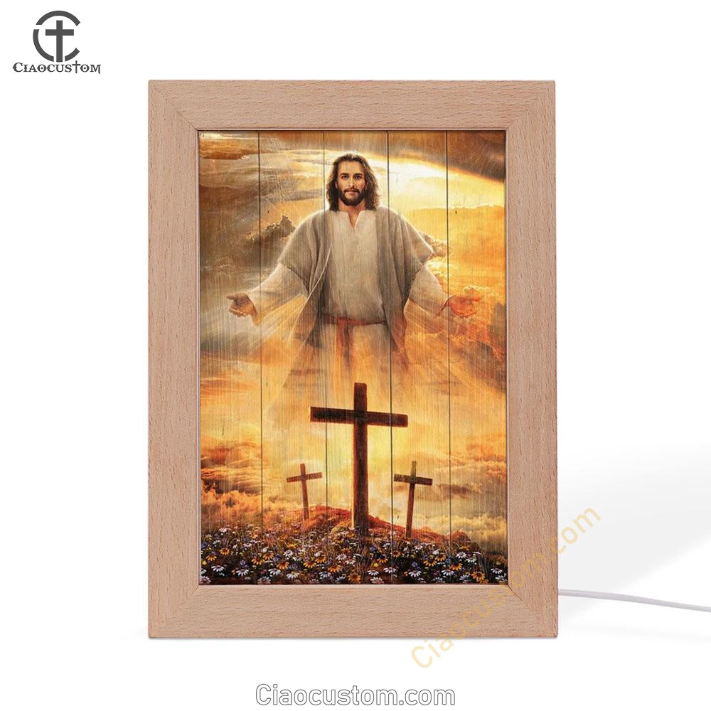 Jesus Cross, Three Wooden Crosses, Daisy Field, Heaven Sky Frame Lamp