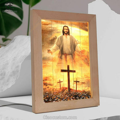 Jesus Cross, Three Wooden Crosses, Daisy Field, Heaven Sky Frame Lamp