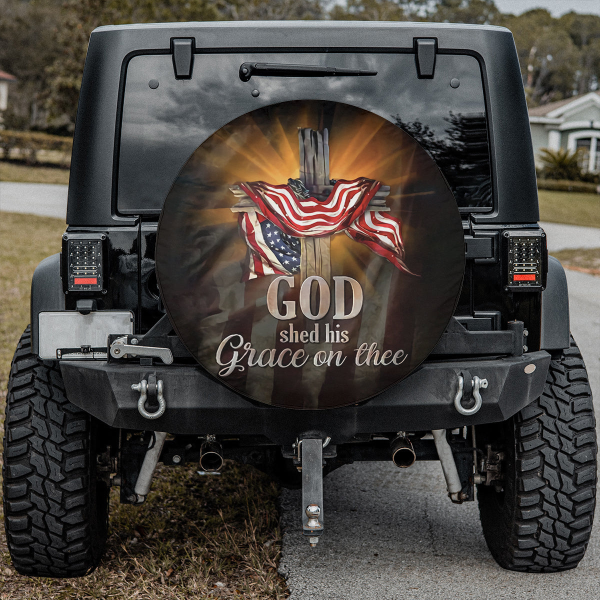 Jesus Cross Usa Flag Spare Tire Cover - God Shed His Grace On Thee Patriotic Christian Car Decor - God Bless America