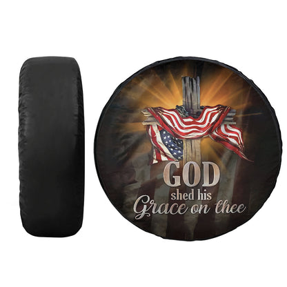 Jesus Cross Usa Flag Spare Tire Cover - God Shed His Grace On Thee Patriotic Christian Car Decor - God Bless America