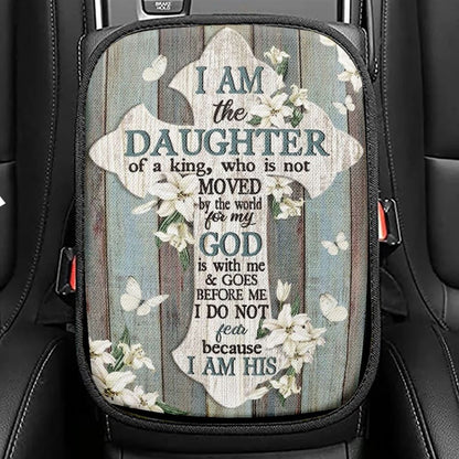 Jesus Cross White Tulip I Am The Daughter Of A King Car Center Console Cover, Christian Armrest Seat Cover, Bible Seat Box Cover