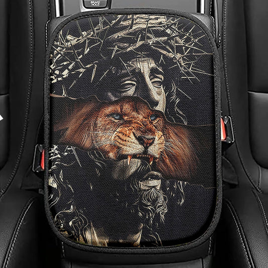 Jesus Crown Of Thorn And Lion Seat Box Cover, Christian Car Center Console Cover, Religious Car Interior Accessories