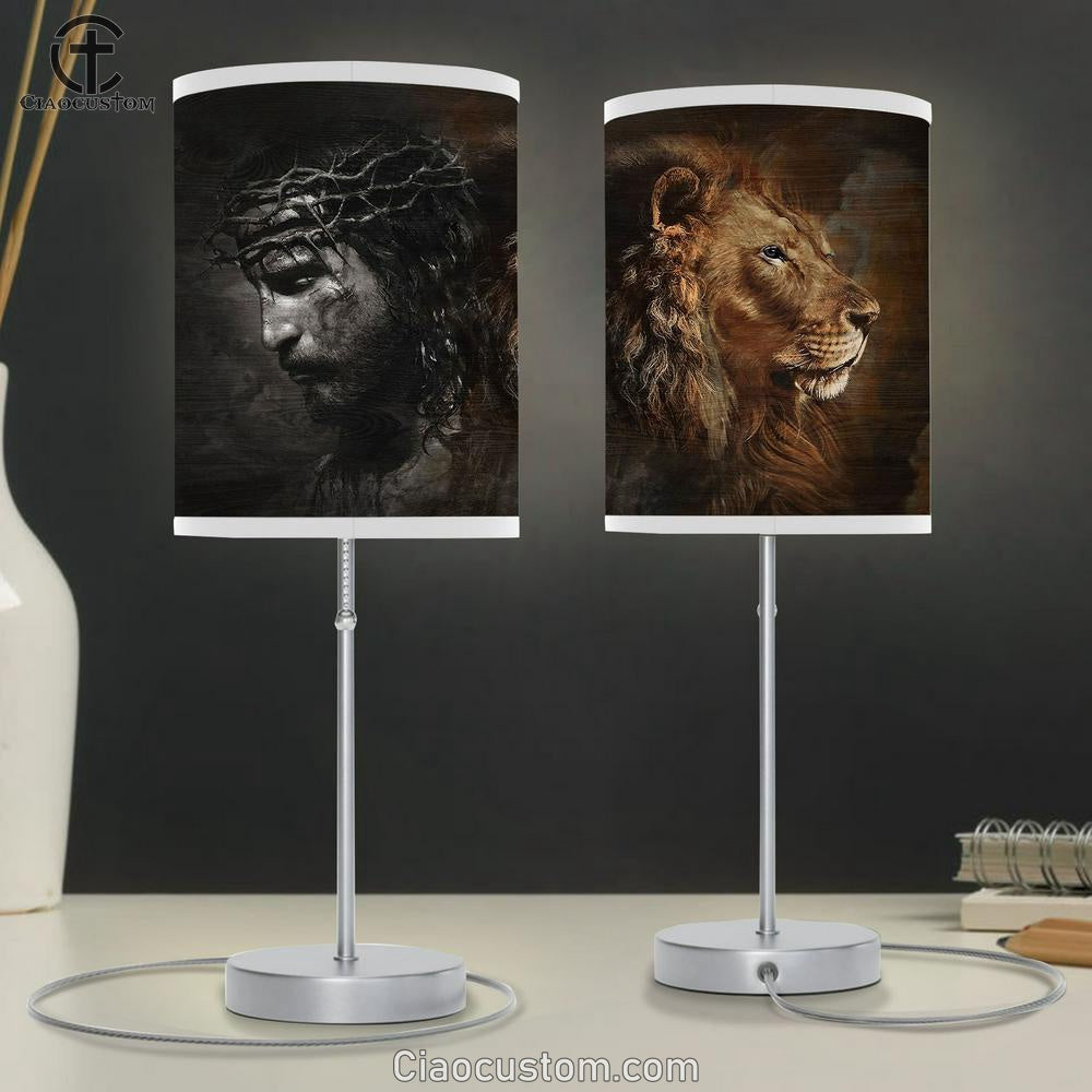 Jesus Crown Of Thorns And Lion Table Lamp Art - Christian Lamp Art Decor - Bible Verse Table Lamp