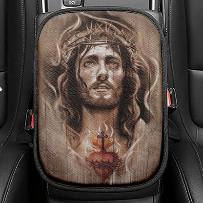 Jesus Crown Of Thorns Heart Cross Car Center Console Cover, Christian Armrest Seat Cover, Bible Seat Box Cover
