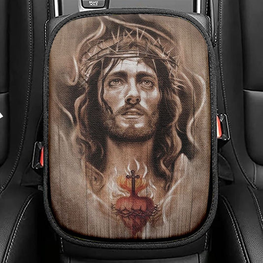 Jesus Crown Of Thorns Heart Cross Car Center Console Cover, Christian Armrest Seat Cover, Bible Seat Box Cover