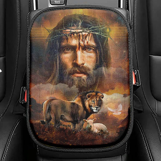 Jesus Crown Of Thorns Lion Lamb Holy Spirit Dove Seat Box Cover, Jesus Portrait Car Center Console Cover, Christian Car Interior Accessories