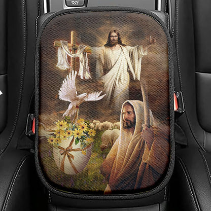 Jesus Dove Cross Yellow Flower Seat Box Cover, Jesus Portrait Car Center Console Cover, Christian Car Interior Accessories