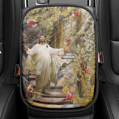 Jesus Drawing Cardinals Autumn Forest Car Center Console Cover, Christian Armrest Seat Cover, Bible Seat Box Cover