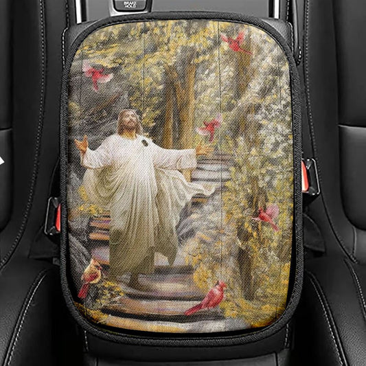 Jesus Drawing Cardinals Autumn Forest Car Center Console Cover, Christian Armrest Seat Cover, Bible Seat Box Cover