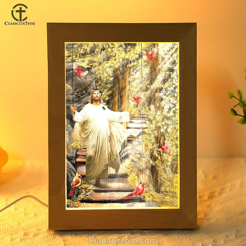 Jesus Drawing Cardinals Autumn Forest Frame Lamp