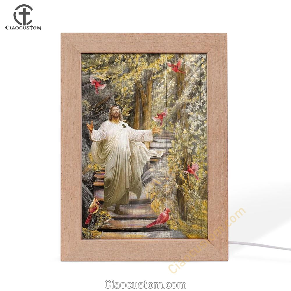 Jesus Drawing Cardinals Autumn Forest Frame Lamp