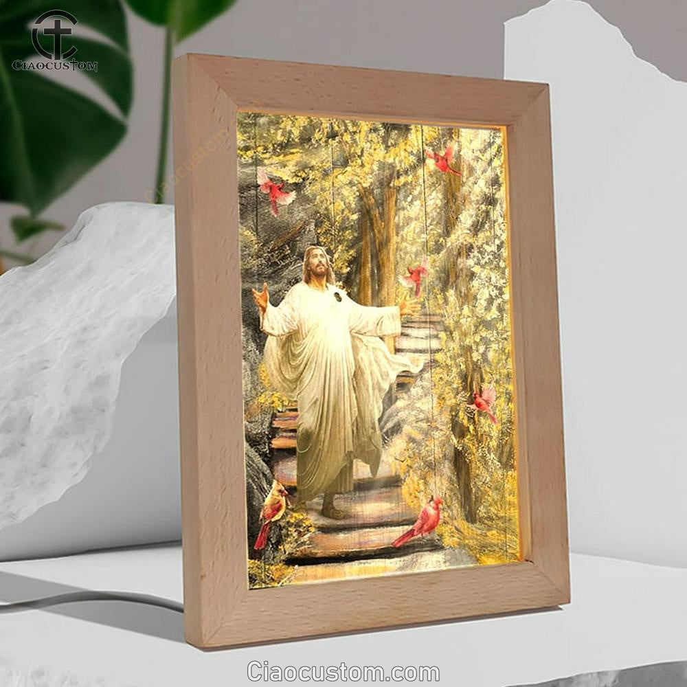 Jesus Drawing Cardinals Autumn Forest Frame Lamp