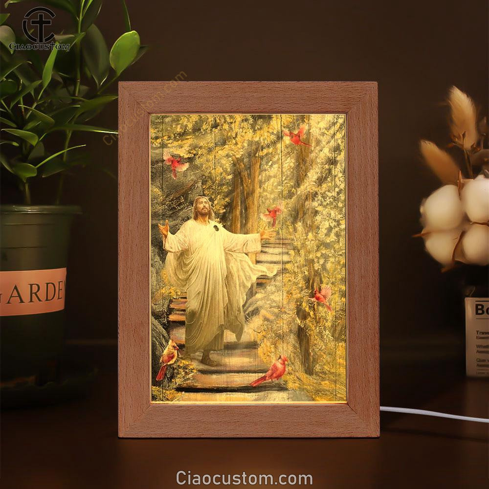 Jesus Drawing Cardinals Autumn Forest Frame Lamp