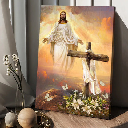 Jesus Drawing Cross Symbol Lily Flower Sunset In The Sky Canvas Posters - Christian Wall Posters - Religious Wall Decor