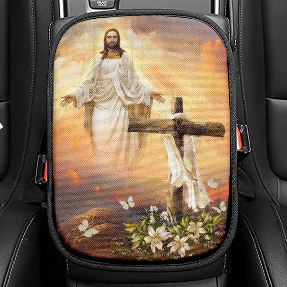 Jesus Drawing, Cross Symbol, Lily Flower, Sunset, In The Sky Car Center Console Cover, Christian Armrest Seat Cover, Bible Seat Box Cover