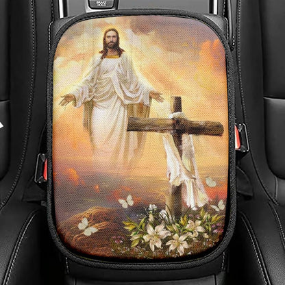 Jesus Drawing, Cross Symbol, Lily Flower, Sunset, In The Sky Car Center Console Cover, Christian Armrest Seat Cover, Bible Seat Box Cover