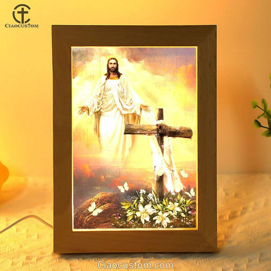 Jesus Drawing, Cross Symbol, Lily Flower, Sunset, In The Sky Frame Lamp